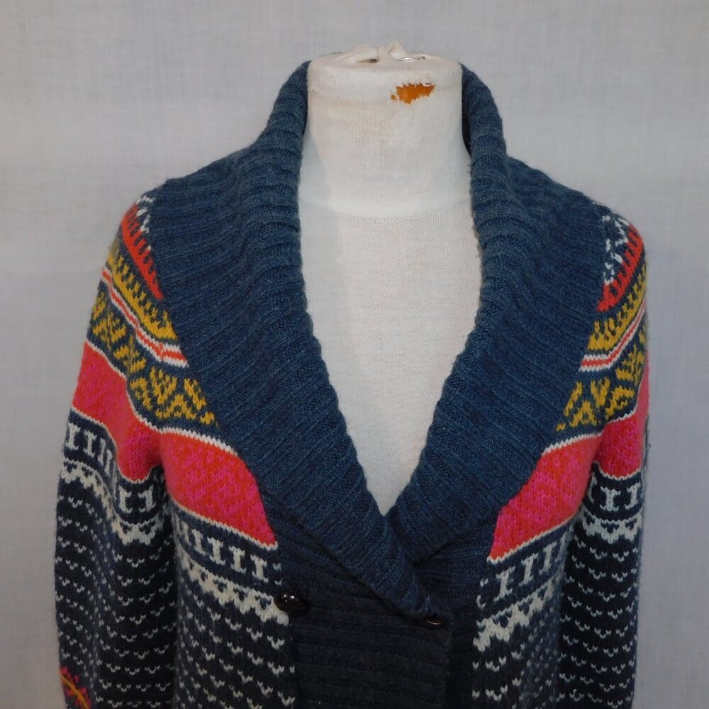 Bluenotes Shawl Collar Gray orange Yellow White Double Button Cardigan Sweater L - Picture 2 of 11
